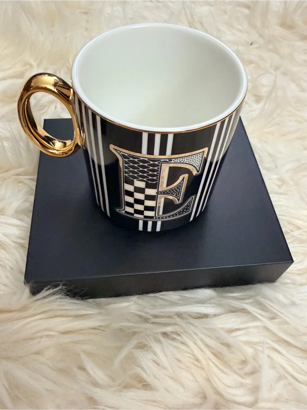 MacKenzie-Childs Black & Gold Monogram 'E' Mug
